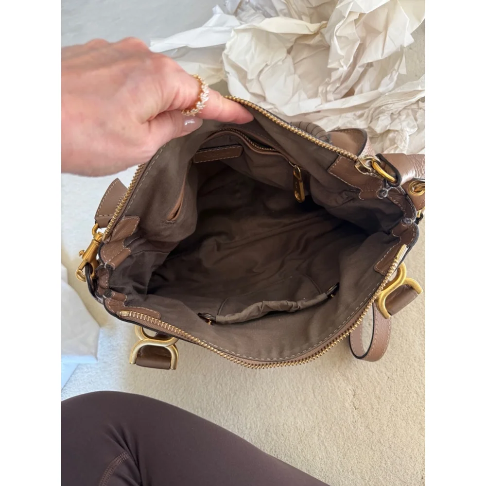 Chloe Marcie Medium Double Carry Satchel Bag in Grained Leather in Nut
